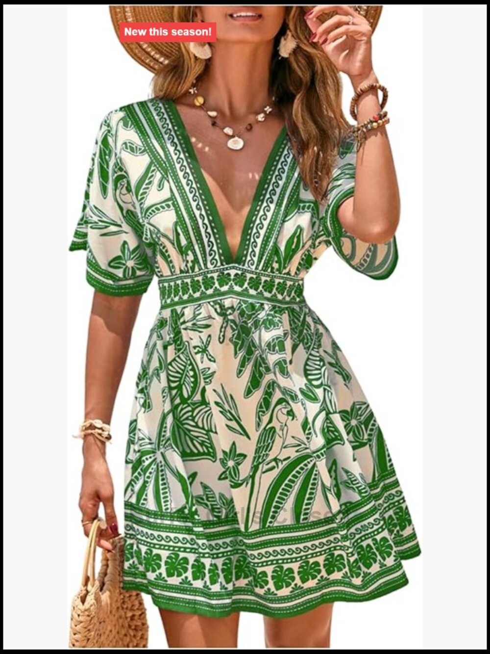 Short Sleeve V Neck Print Swim Cover Up Dress Vacation Boho
